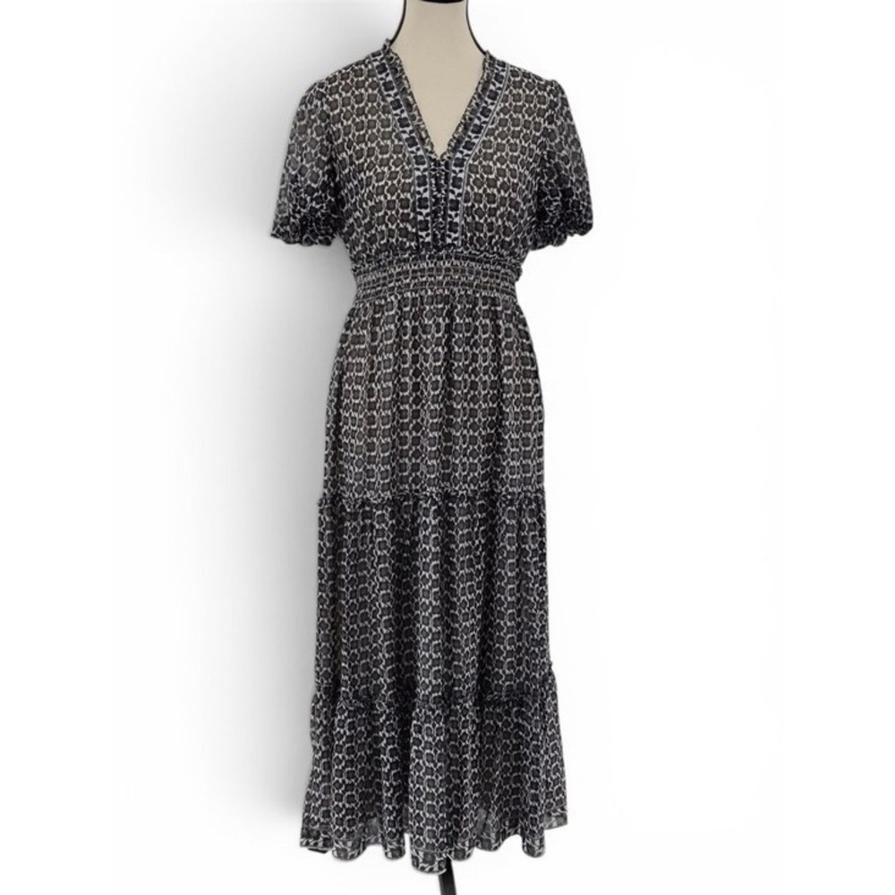 Max Studio Floral Tiered Maxi Dress S Black White Lined Smocked Waist V-Neck
